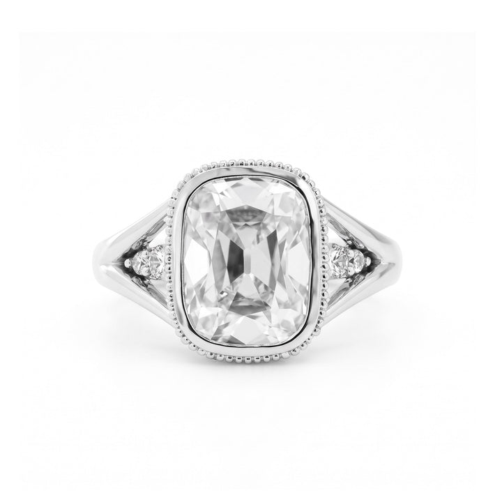 Elongated OMC Diamond Bezel Ring with Round &amp; Marquise-Cut Side Stones and Millegrain - FIORESE JEWELRY