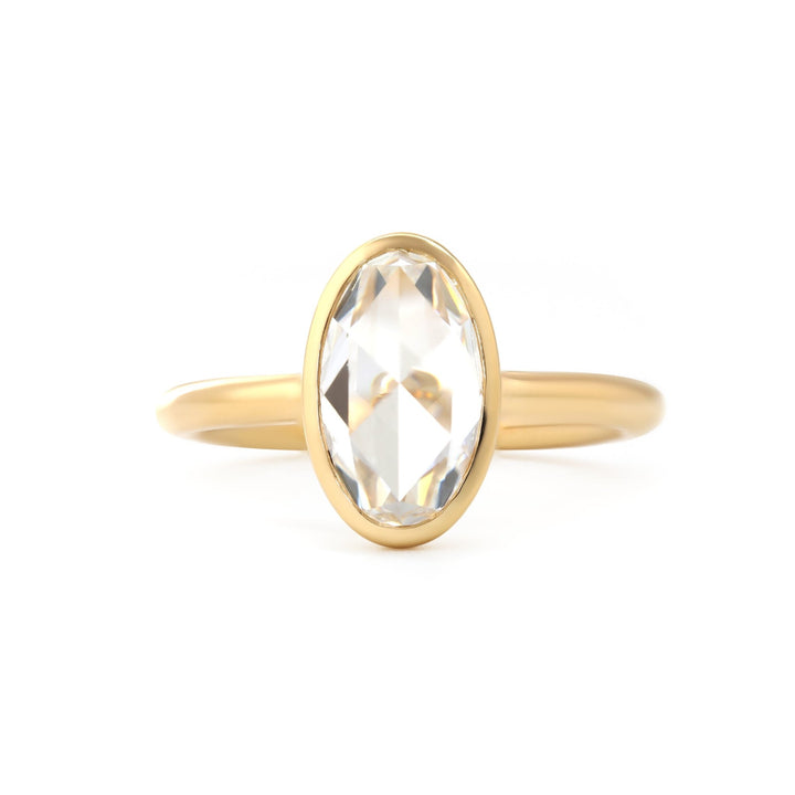 Elongated Oval Rose-Cut Lab Diamond Bezel Solitaire Ring with Floating Head - FIORESE JEWELRY