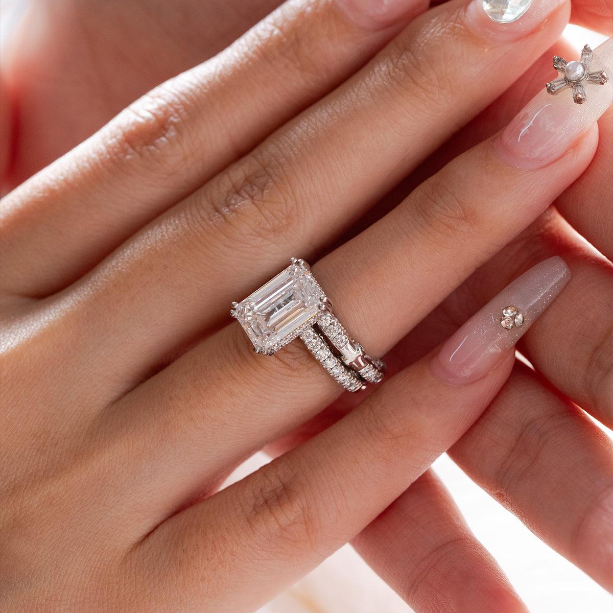 Emerald Cut Lab Diamond Double Round Prong Hidden Halo Millegrain Vintage Bridal Set — Engagement Ring with Half Eternity Band - FIORESE JEWELRY