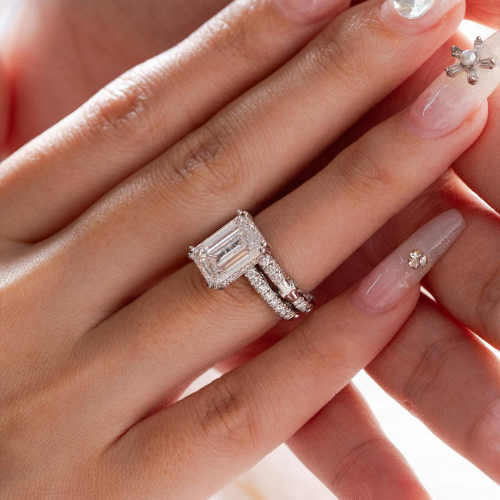Emerald Cut Lab Diamond Double Round Prong Hidden Halo Millegrain Vintage Bridal Set — Engagement Ring with Half Eternity Band - FIORESE JEWELRY