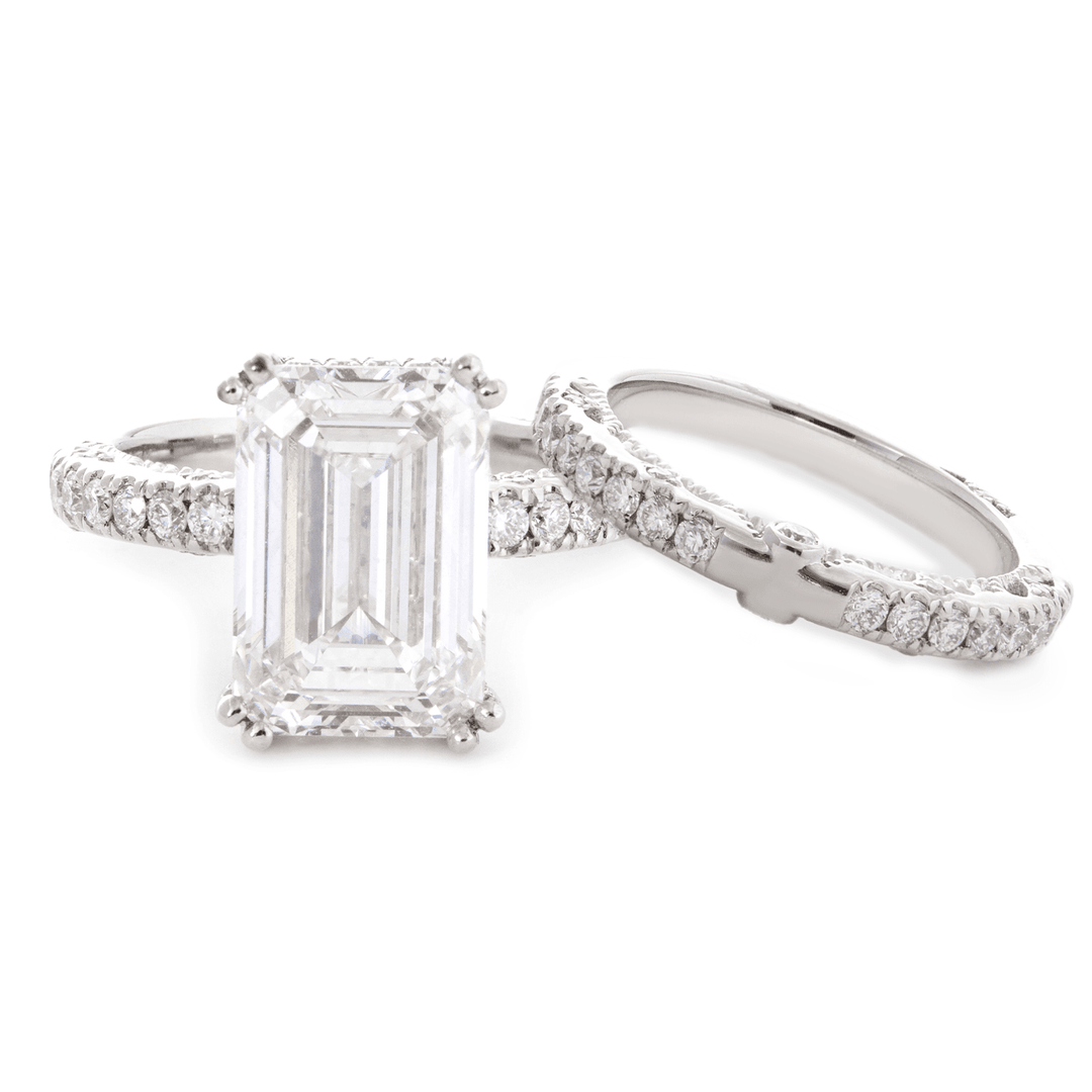 Emerald Cut Lab Diamond Double Round Prong Hidden Halo Millegrain Vintage Bridal Set — Engagement Ring with Half Eternity Band - FIORESE JEWELRY