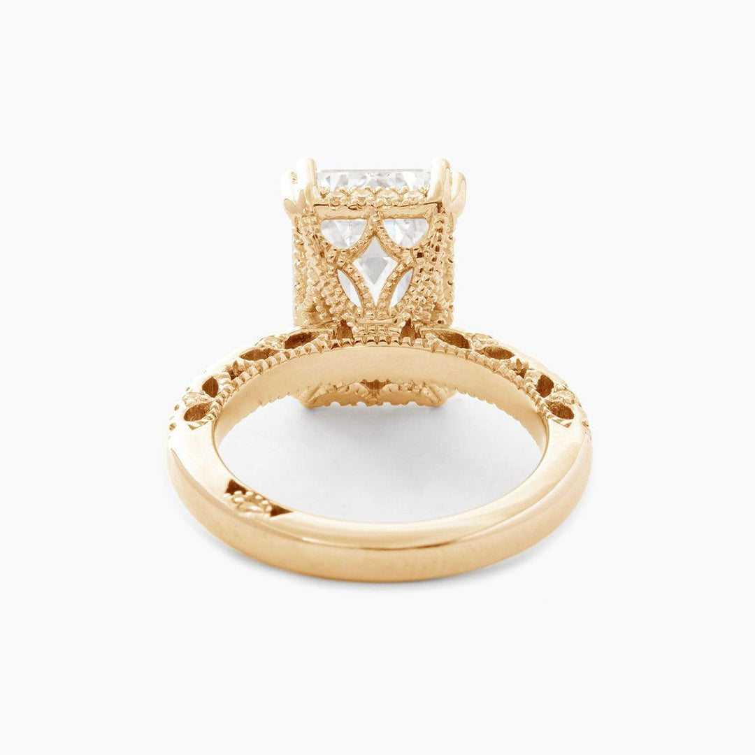 Emerald Cut Lab Diamond Double Round Prong Hidden Halo Millegrain Vintage Bridal Set — Engagement Ring with Half Eternity Band - FIORESE JEWELRY