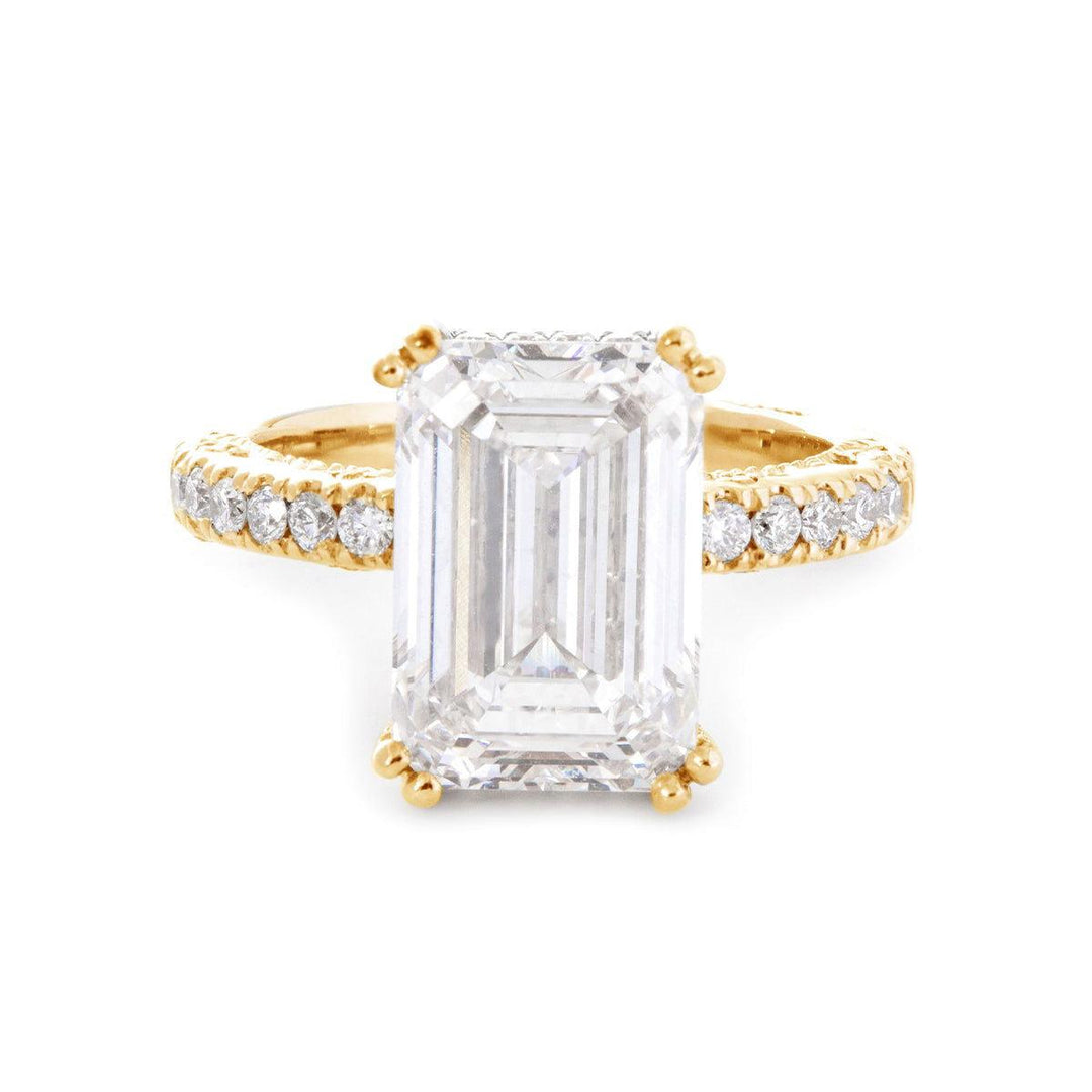 Emerald Cut Lab Diamond Double Round Prong Hidden Halo Millegrain Vintage Bridal Set — Engagement Ring with Half Eternity Band - FIORESE JEWELRY