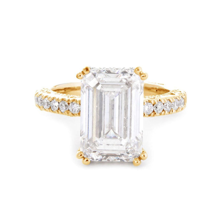 Emerald Cut Lab Diamond Double Round Prong Hidden Halo Millegrain Vintage Bridal Set — Engagement Ring with Half Eternity Band - FIORESE JEWELRY