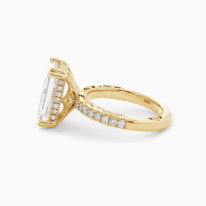 Emerald Cut Lab Diamond Double Round Prong Hidden Halo Millegrain Vintage Bridal Set — Engagement Ring with Half Eternity Band - FIORESE JEWELRY