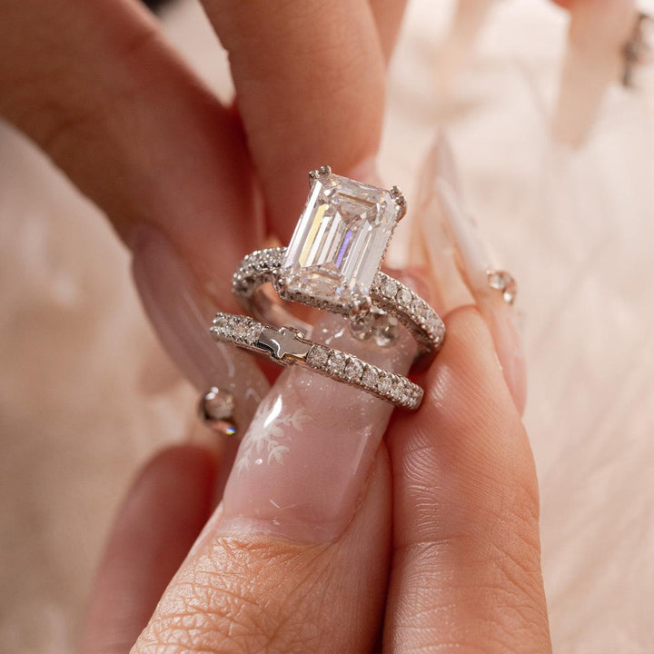 Emerald Cut Lab Diamond Double Round Prong Hidden Halo Millegrain Vintage Bridal Set — Engagement Ring with Half Eternity Band - FIORESE JEWELRY
