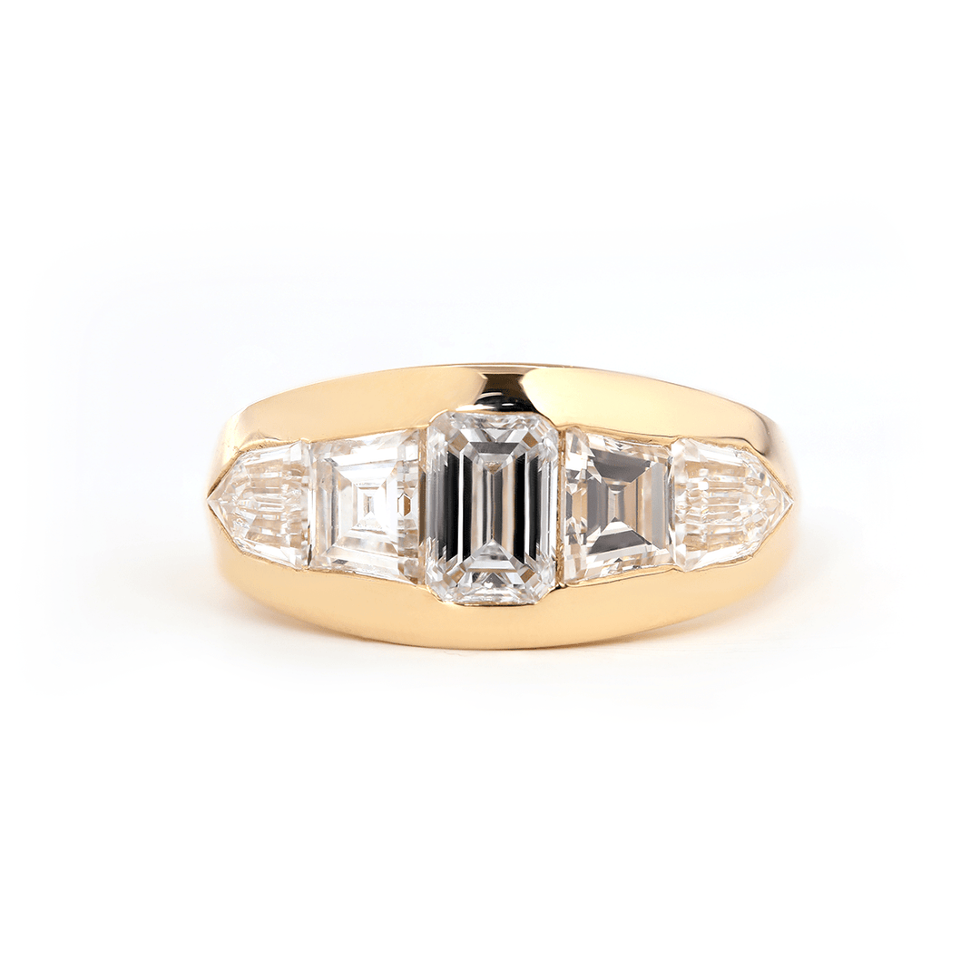 Emerald - Cut Lab Diamond Five - Stone Bezel - Set Ring with Tapered Step - Cut and Bullet - Cut Side Stones - FIORESE JEWELRY