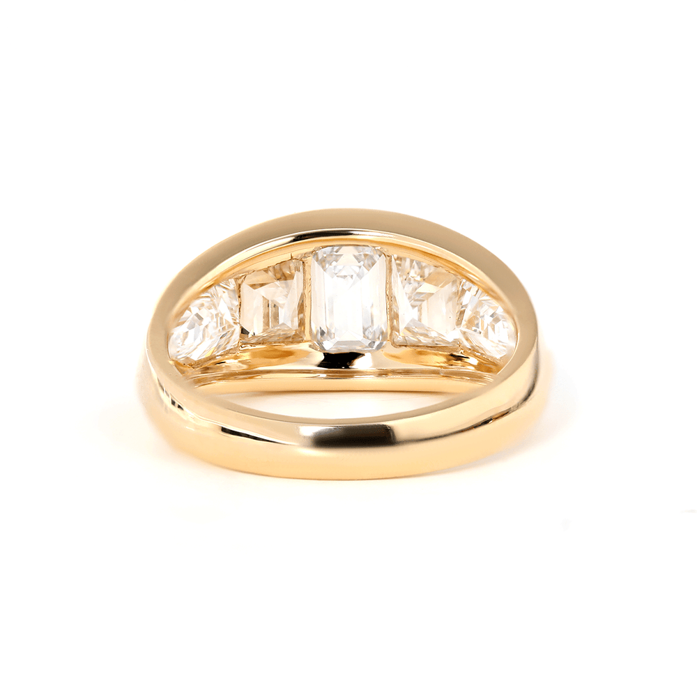 Emerald - Cut Lab Diamond Five - Stone Bezel - Set Ring with Tapered Step - Cut and Bullet - Cut Side Stones - FIORESE JEWELRY