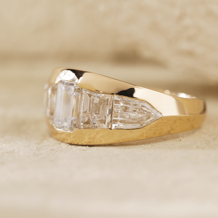 Emerald - Cut Lab Diamond Five - Stone Bezel - Set Ring with Tapered Step - Cut and Bullet - Cut Side Stones - FIORESE JEWELRY