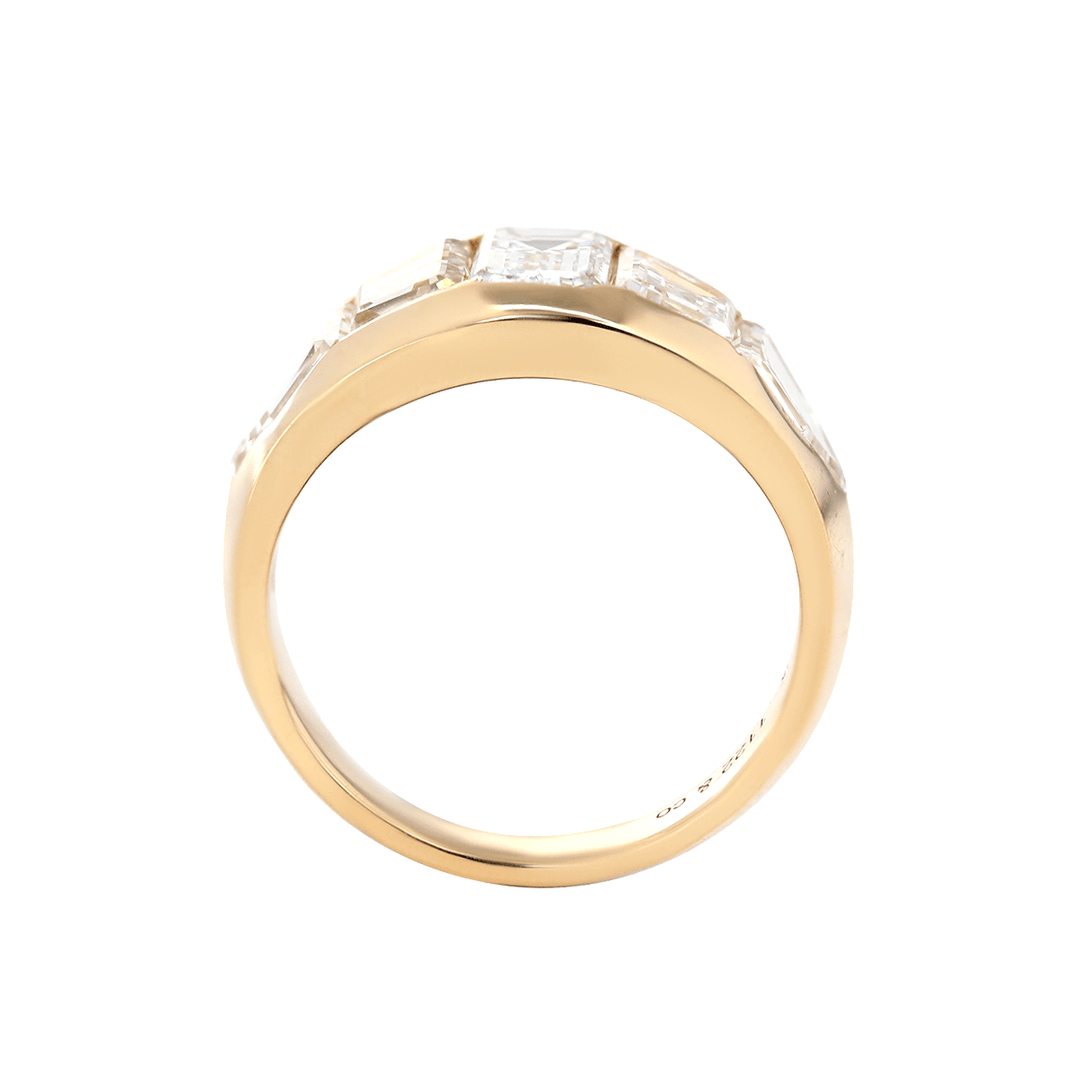 Emerald - Cut Lab Diamond Five - Stone Bezel - Set Ring with Tapered Step - Cut and Bullet - Cut Side Stones - FIORESE JEWELRY