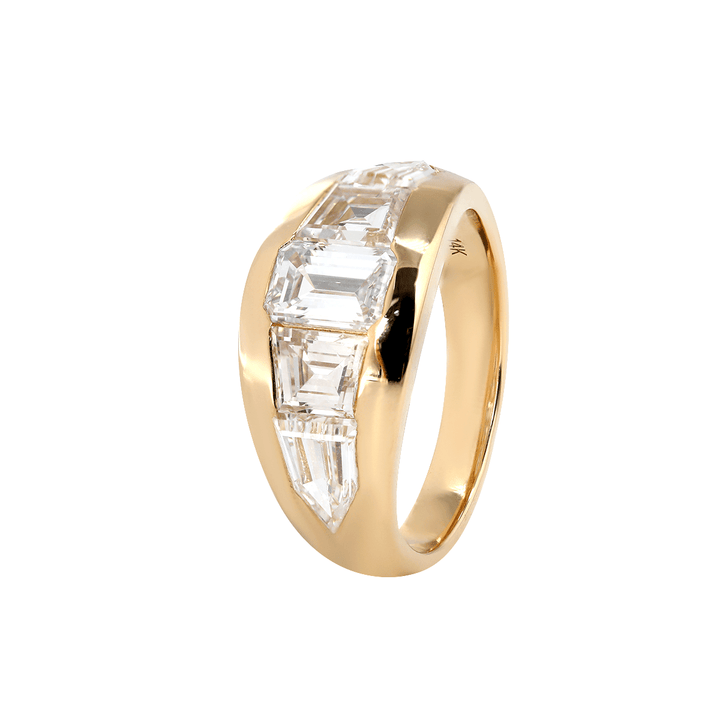 Emerald - Cut Lab Diamond Five - Stone Bezel - Set Ring with Tapered Step - Cut and Bullet - Cut Side Stones - FIORESE JEWELRY