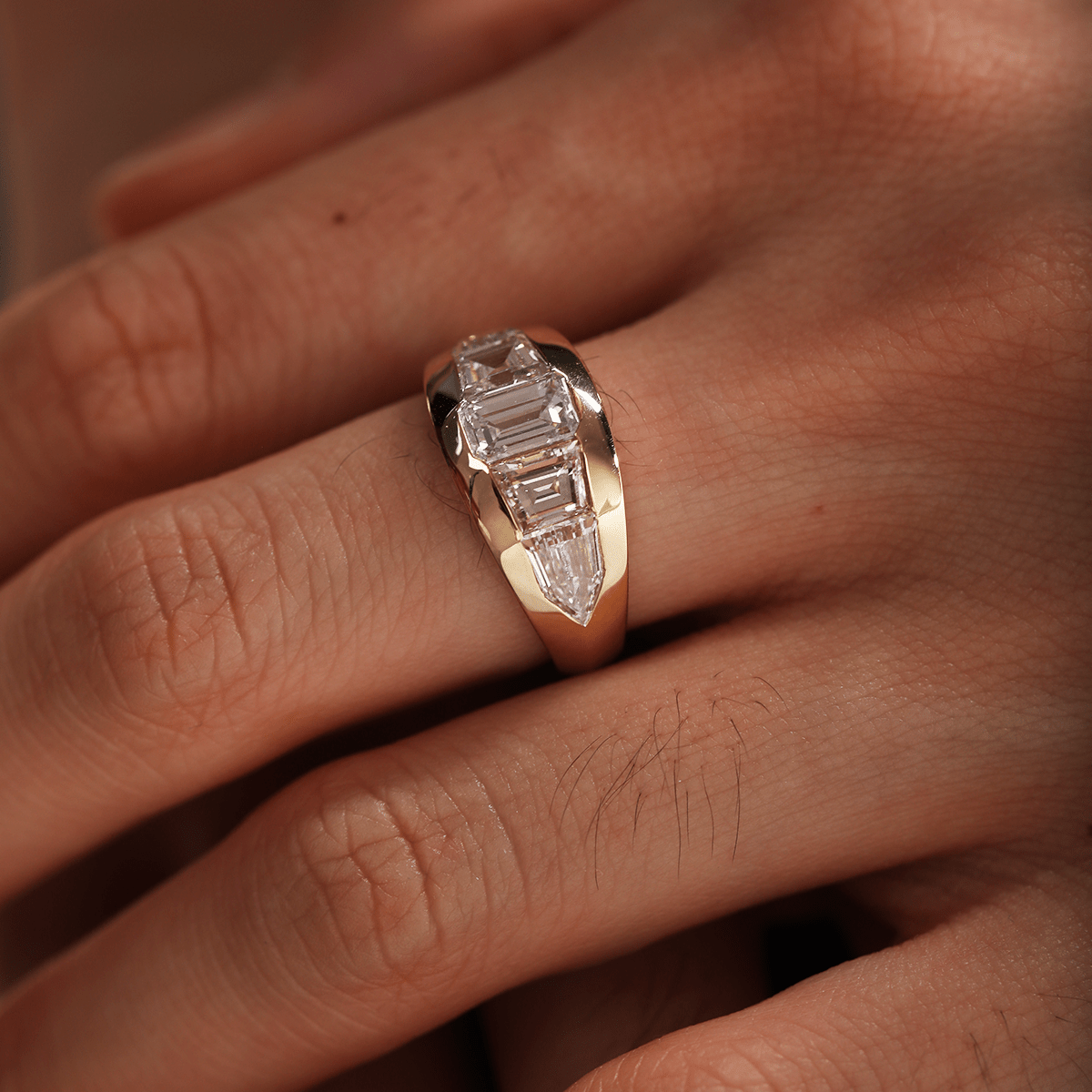 Emerald - Cut Lab Diamond Five - Stone Bezel - Set Ring with Tapered Step - Cut and Bullet - Cut Side Stones - FIORESE JEWELRY