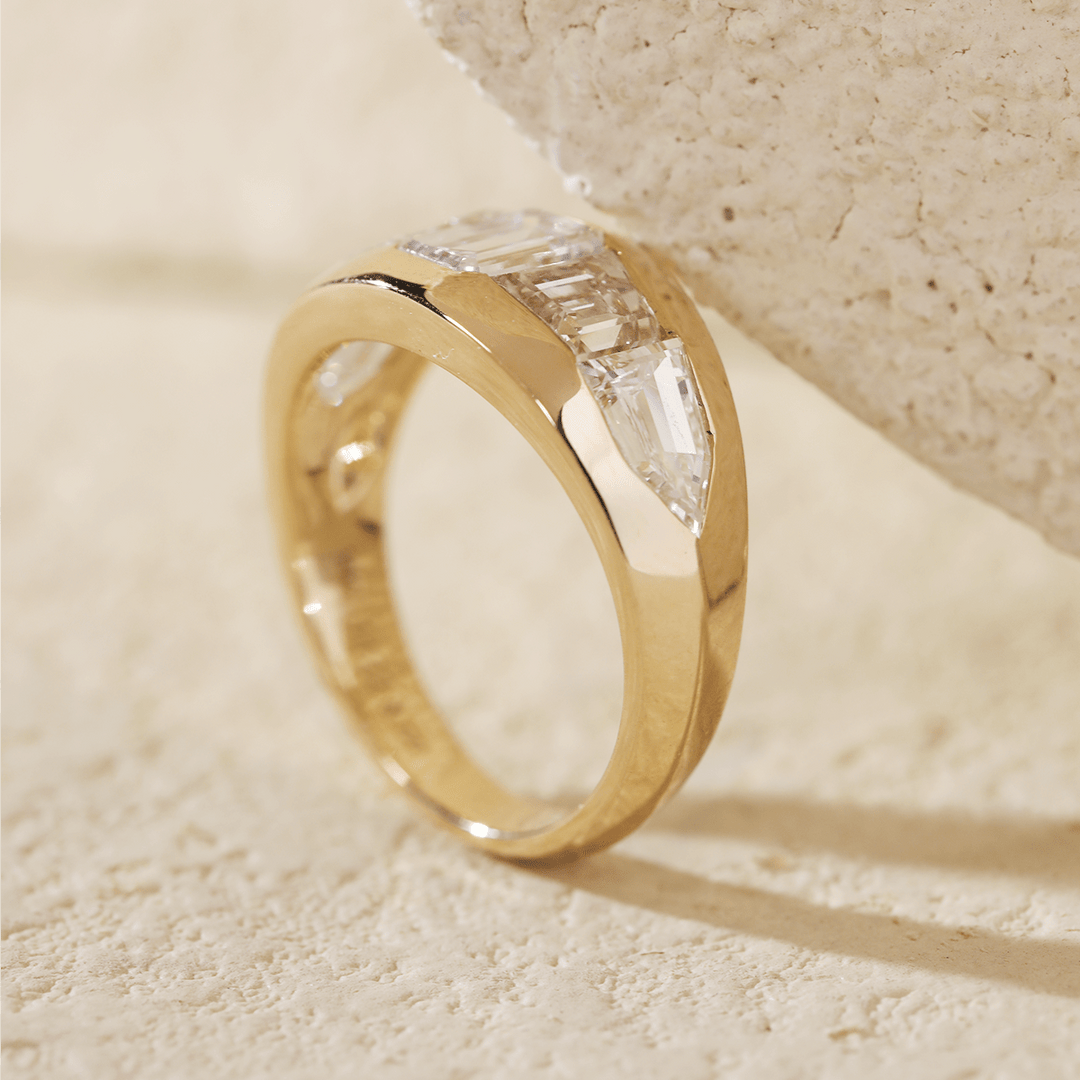 Emerald - Cut Lab Diamond Five - Stone Bezel - Set Ring with Tapered Step - Cut and Bullet - Cut Side Stones - FIORESE JEWELRY