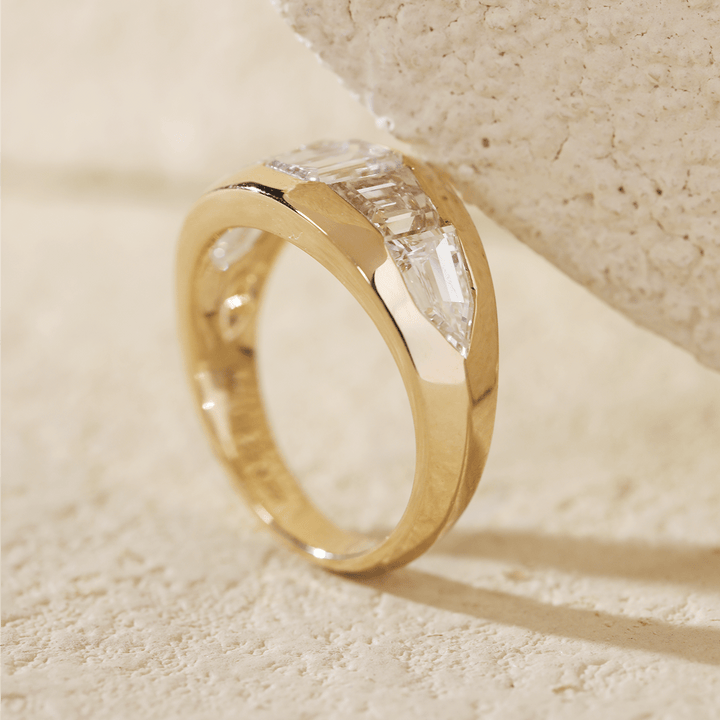 Emerald - Cut Lab Diamond Five - Stone Bezel - Set Ring with Tapered Step - Cut and Bullet - Cut Side Stones - FIORESE JEWELRY