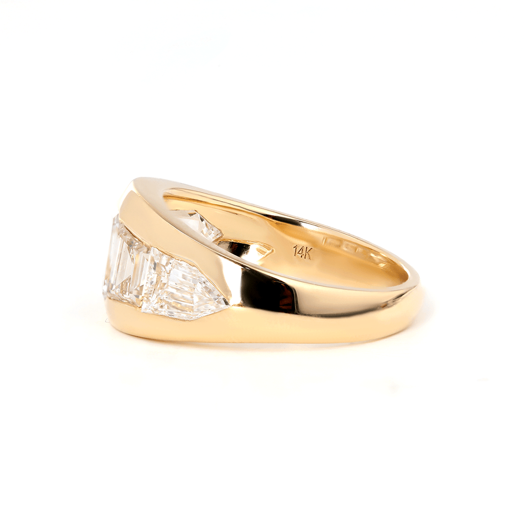 Emerald - Cut Lab Diamond Five - Stone Bezel - Set Ring with Tapered Step - Cut and Bullet - Cut Side Stones - FIORESE JEWELRY