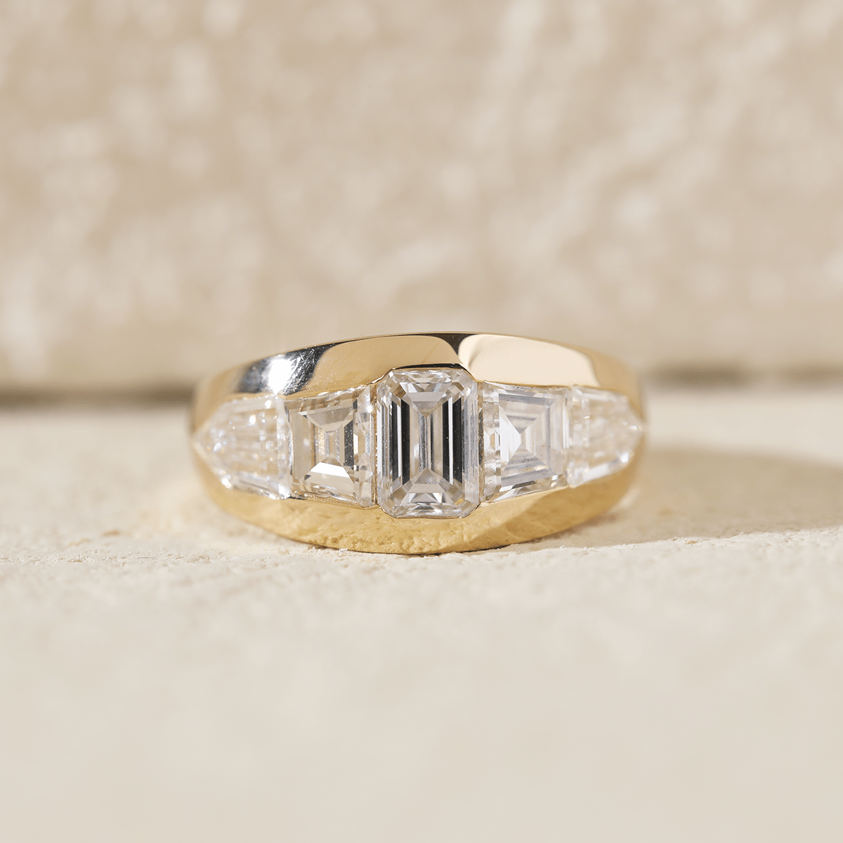 Emerald-Cut Lab Diamond Five-Stone Bezel-Set Ring with Tapered Step-Cut and Bullet-Cut Side Stones
