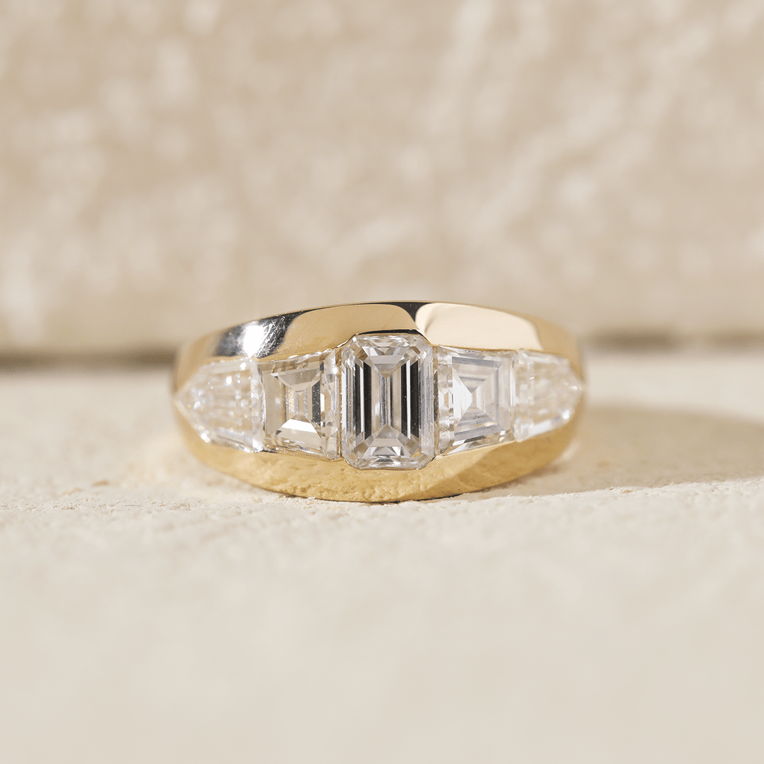 Emerald - Cut Lab Diamond Five - Stone Bezel - Set Ring with Tapered Step - Cut and Bullet - Cut Side Stones - FIORESE JEWELRY