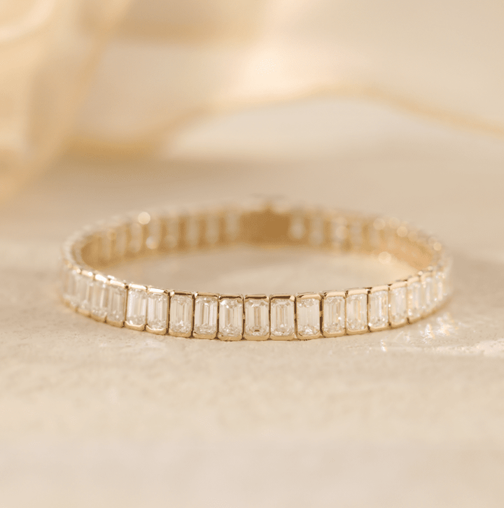 Emerald Cut Lab Diamond Half - Bezel Basket Tennis Bracelet with Box Clasp - FIORESE JEWELRY