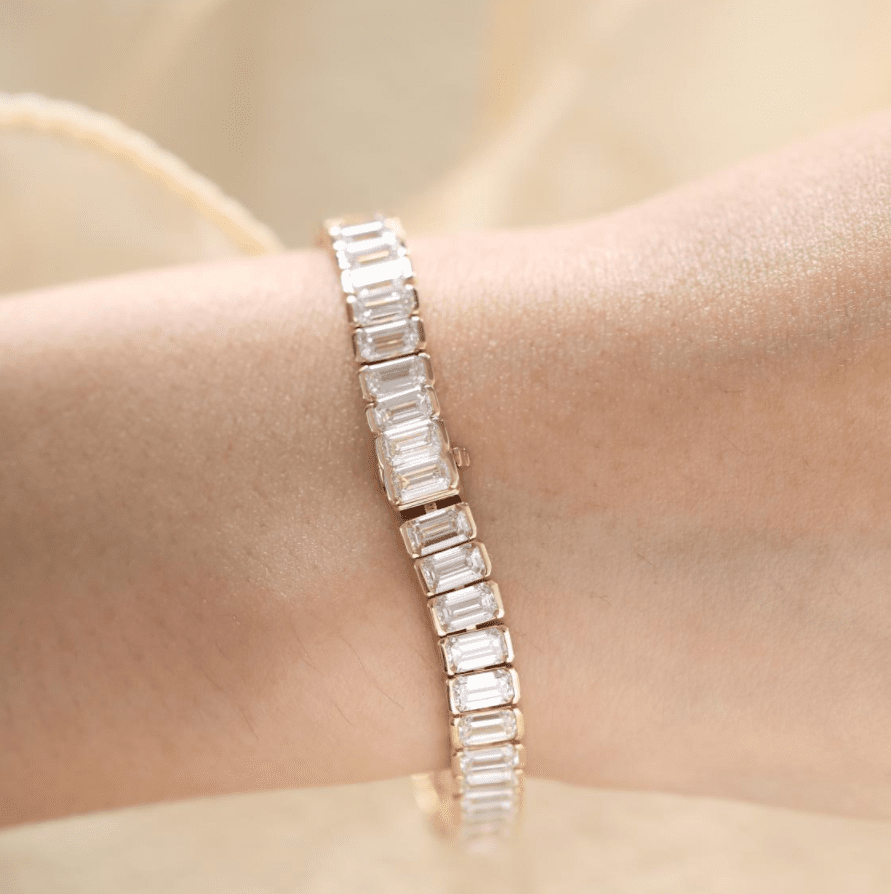 Emerald Cut Lab Diamond Half - Bezel Basket Tennis Bracelet with Box Clasp - FIORESE JEWELRY