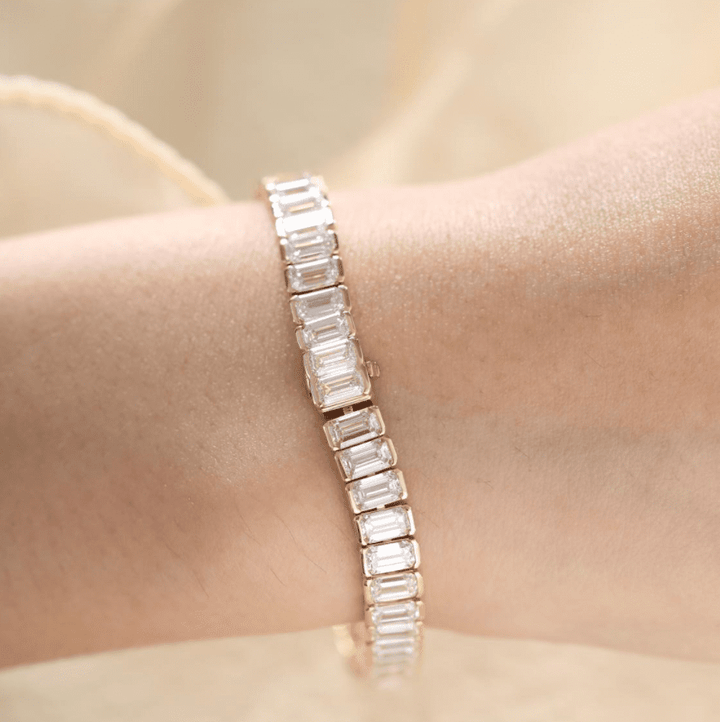 Emerald Cut Lab Diamond Half - Bezel Basket Tennis Bracelet with Box Clasp - FIORESE JEWELRY