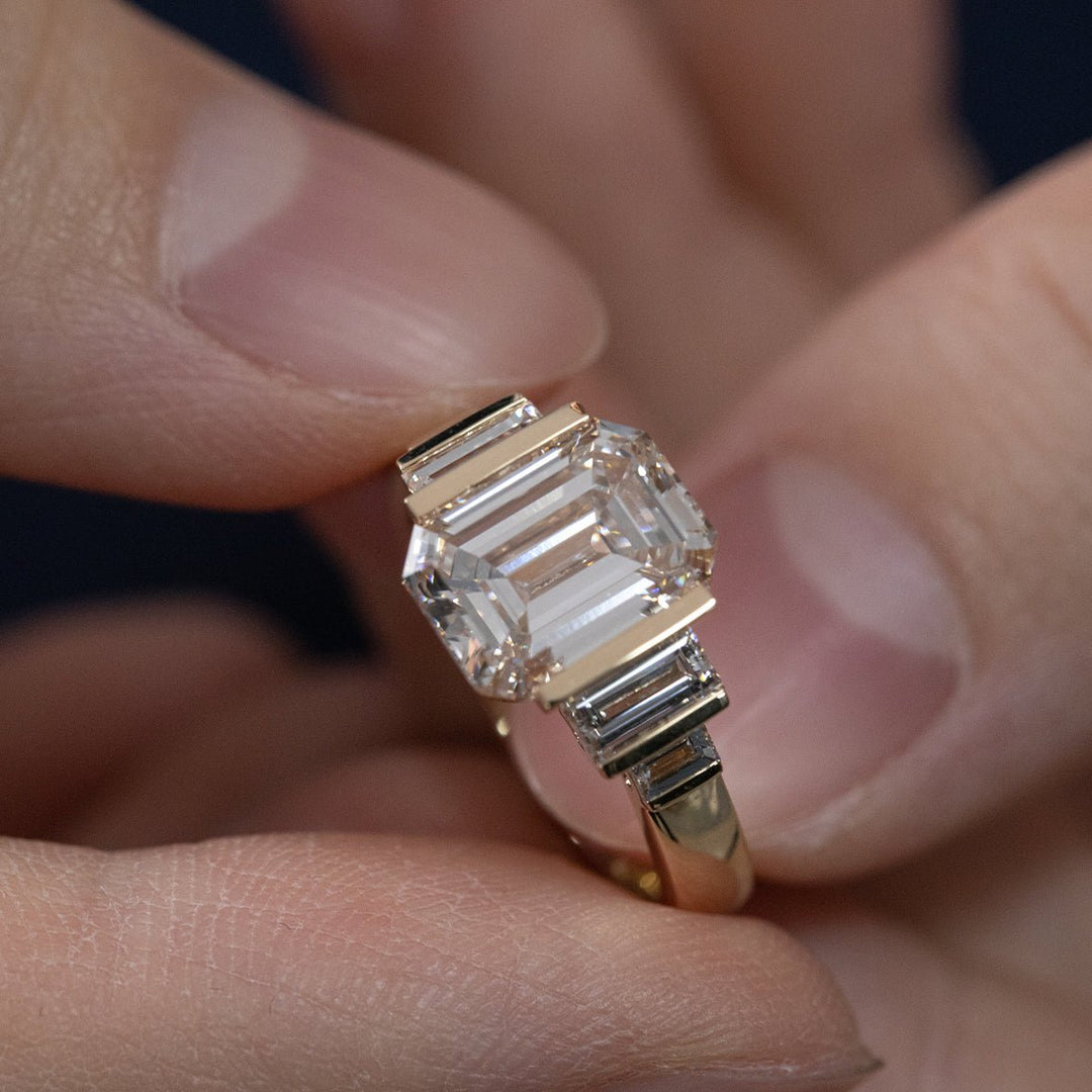 Emerald Cut Lab Diamond Half - Bezel Five - Stone Ring with Baguette Side Stones - FIORESE JEWELRY