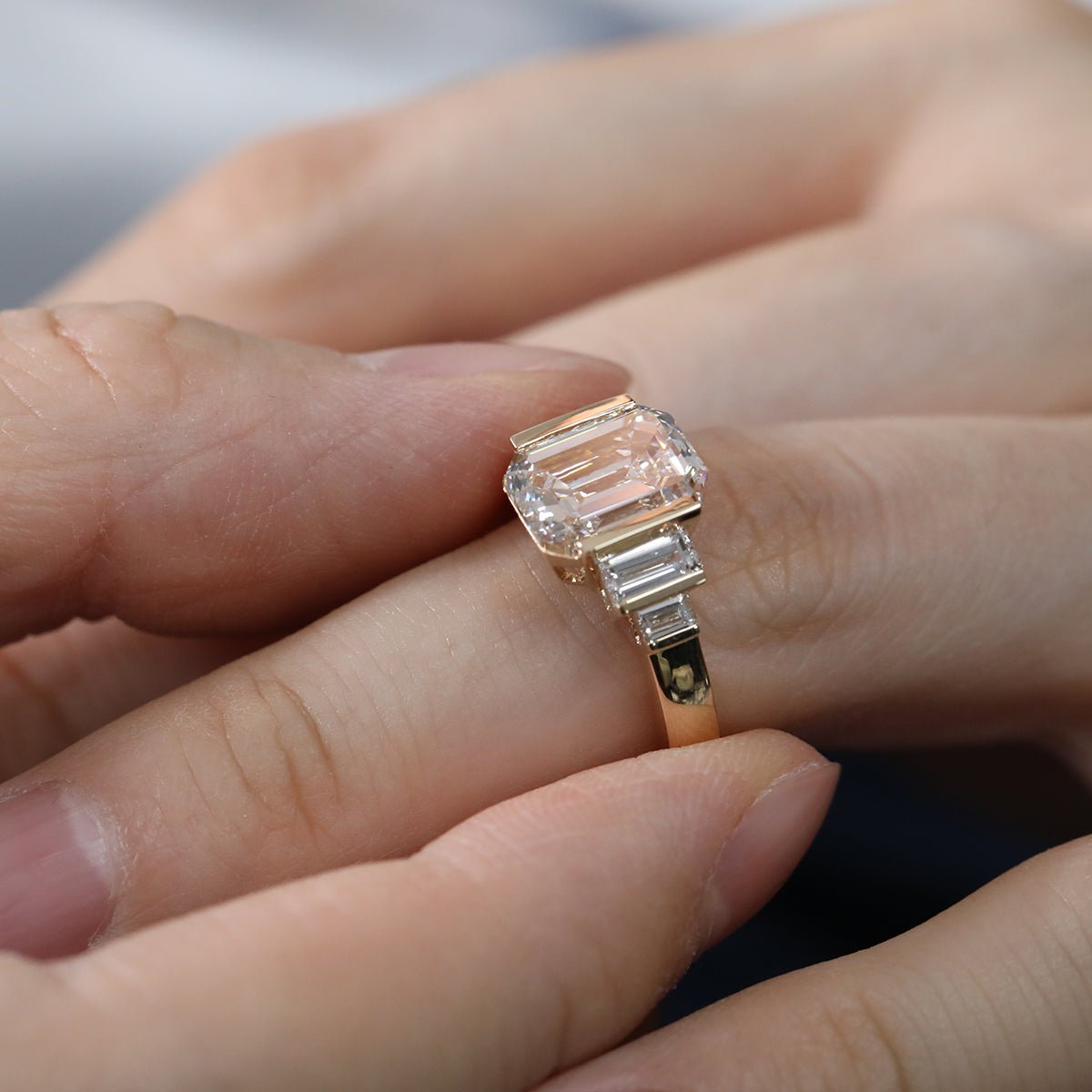 Emerald Cut Lab Diamond Half-Bezel Five-Stone Ring with Baguette Side Stones