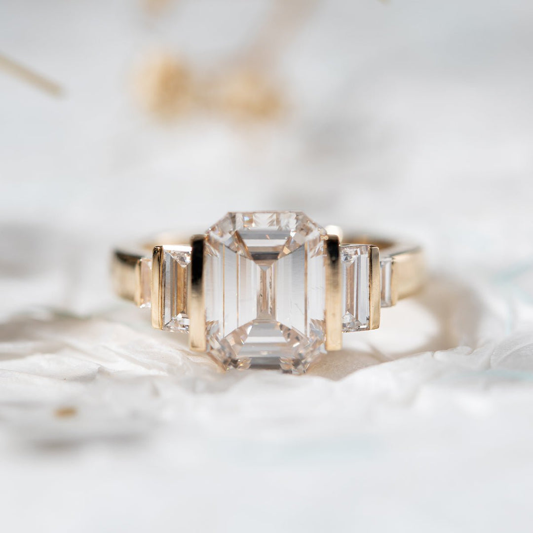 Emerald Cut Lab Diamond Half - Bezel Five - Stone Ring with Baguette Side Stones - FIORESE JEWELRY