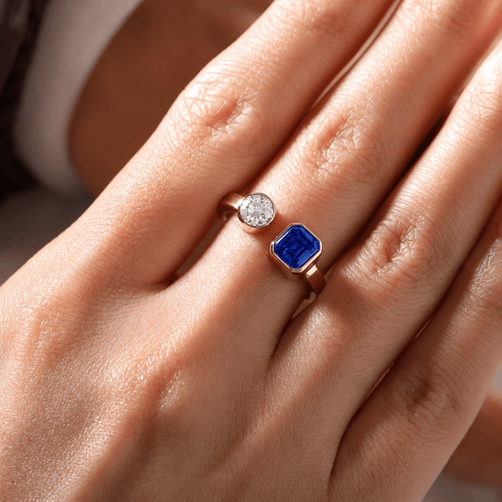 Emerald - Cut Lab Sapphire Toi et Moi Ring with Old European - Cut Lab Diamond - FIORESE JEWELRY
