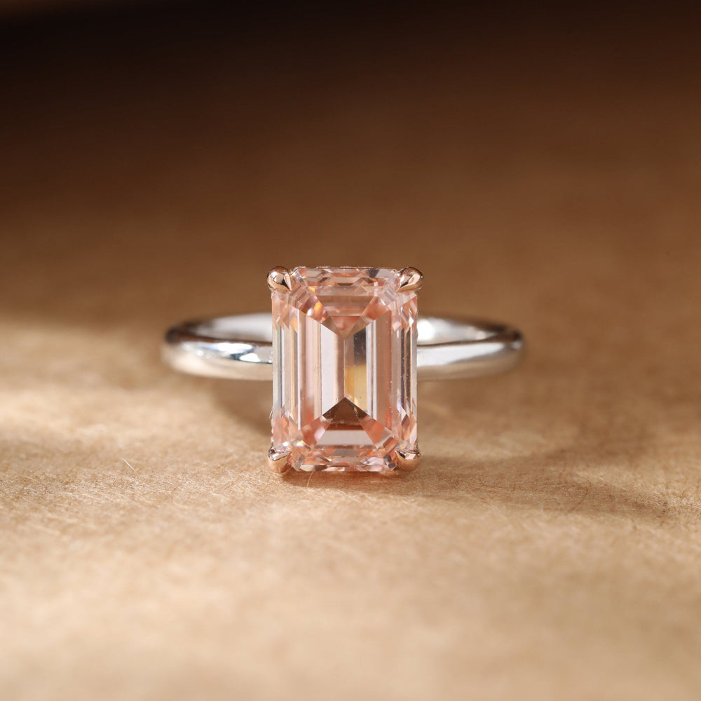 Emerald - Cut Pink Lab Diamond Solitaire Ring with Hidden Halo - FIORESE JEWELRY