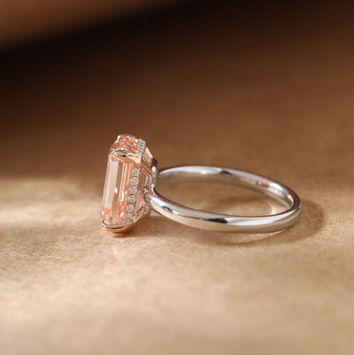 Emerald - Cut Pink Lab Diamond Solitaire Ring with Hidden Halo - FIORESE JEWELRY