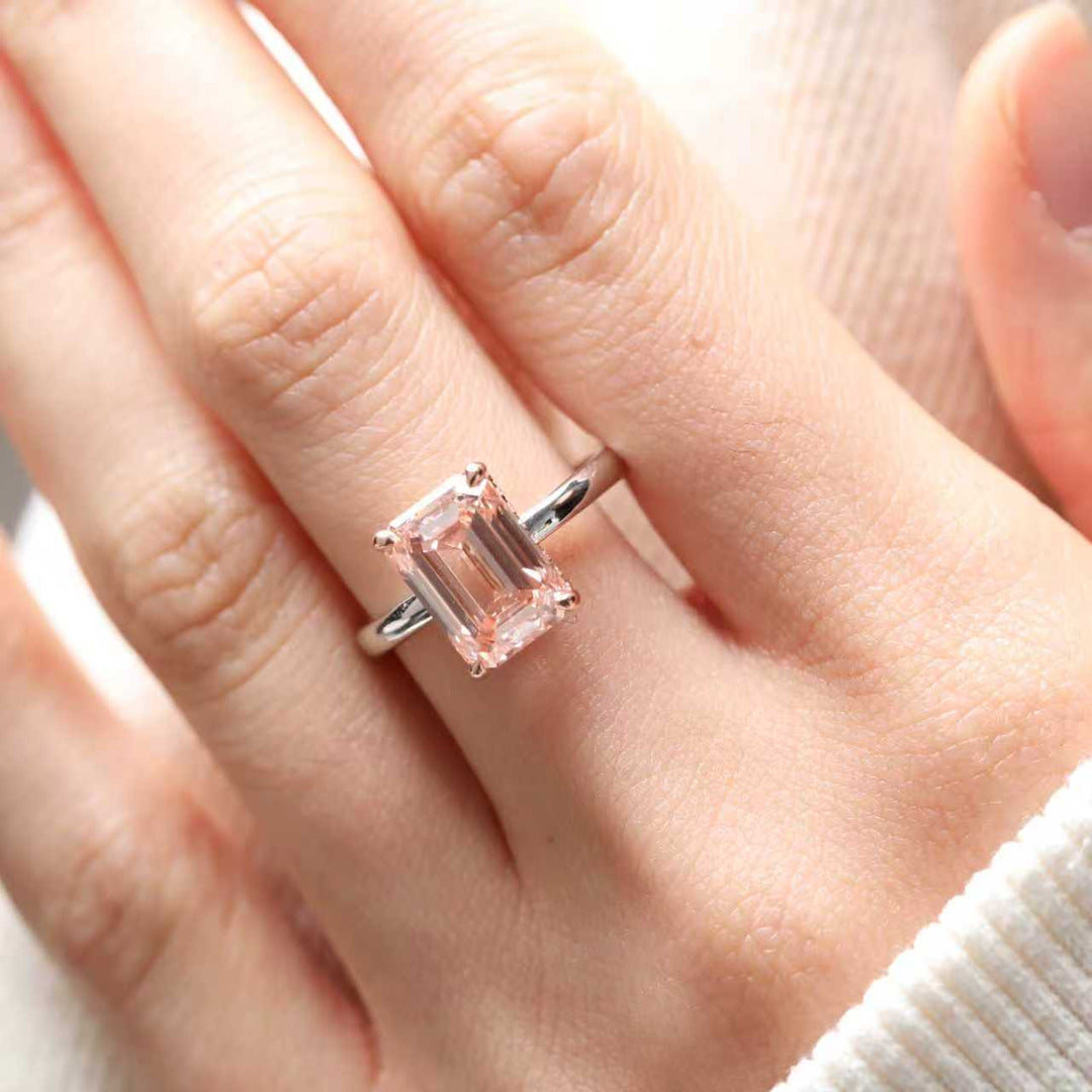 Emerald - Cut Pink Lab Diamond Solitaire Ring with Hidden Halo - FIORESE JEWELRY