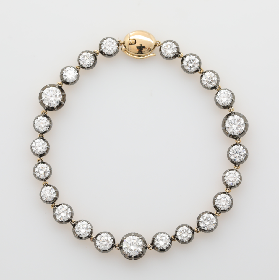 Ready to Ship 14K Yellow Gold Round Lab Diamond Bezel Graduated Station Bracelet with Black Rhodium Plated Bezel