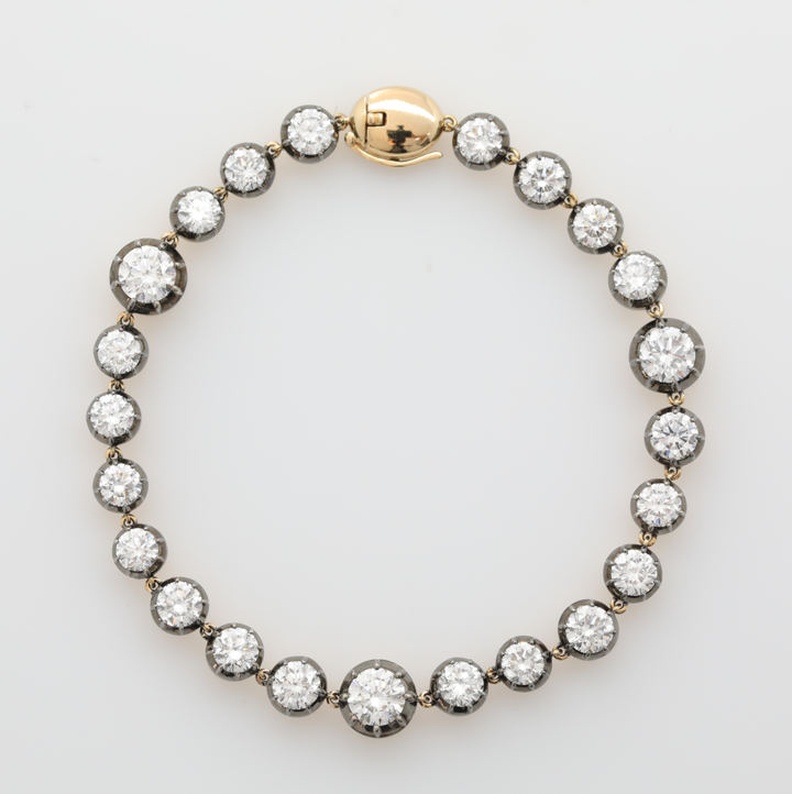 Ready to Ship 14K Yellow Gold Round Lab Diamond Bezel Graduated Station Bracelet with Black Rhodium Plated Bezel