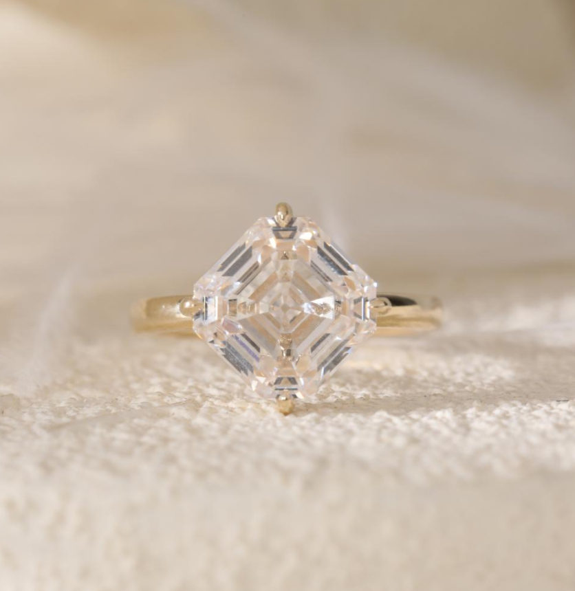 14K Yellow Gold 6ct Antique Asscher Cut Lab Diamond 4 Claw Prong Basket Solitaire Ring