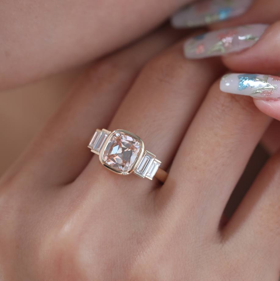 14K Yellow Gold 2ct Old Mine Cut Light Pink Lab Diamond Bezel 5 Stone Ring with Baguette Lab Diamond Side-stone