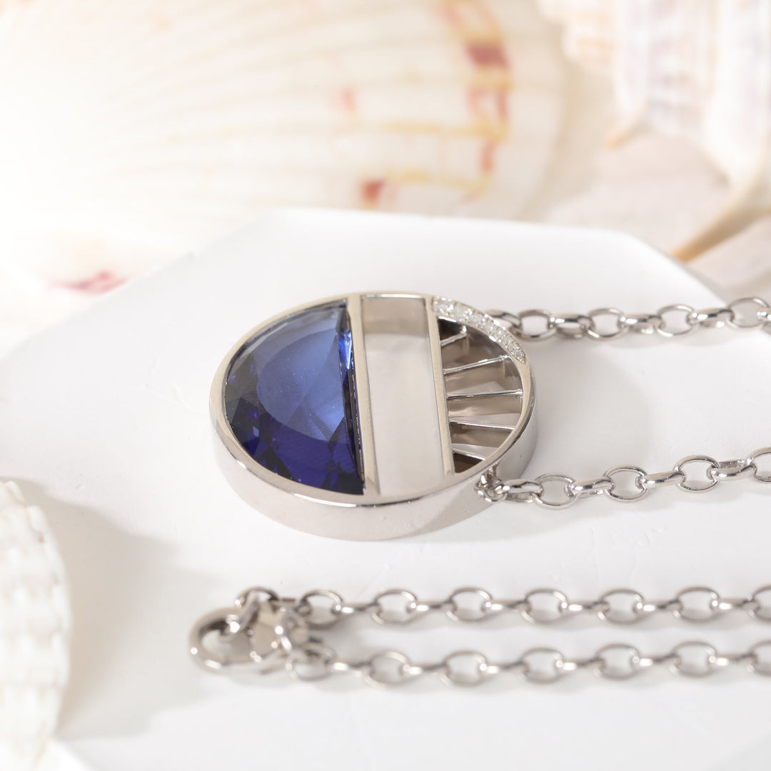Half - Moon Crown Flower Blue Lab Sapphire Pendant Necklace - FIORESE JEWELRY