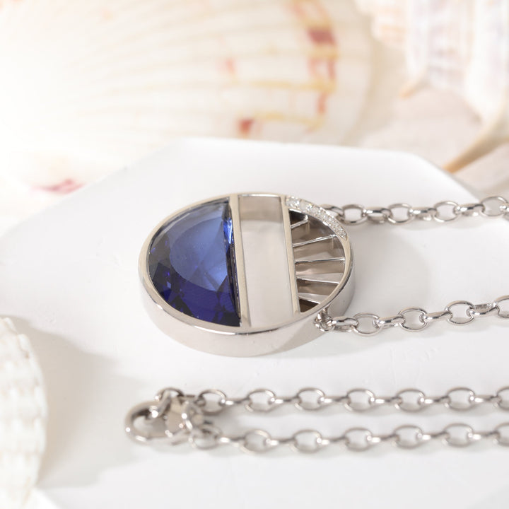 Half - Moon Crown Flower Blue Lab Sapphire Pendant Necklace - FIORESE JEWELRY