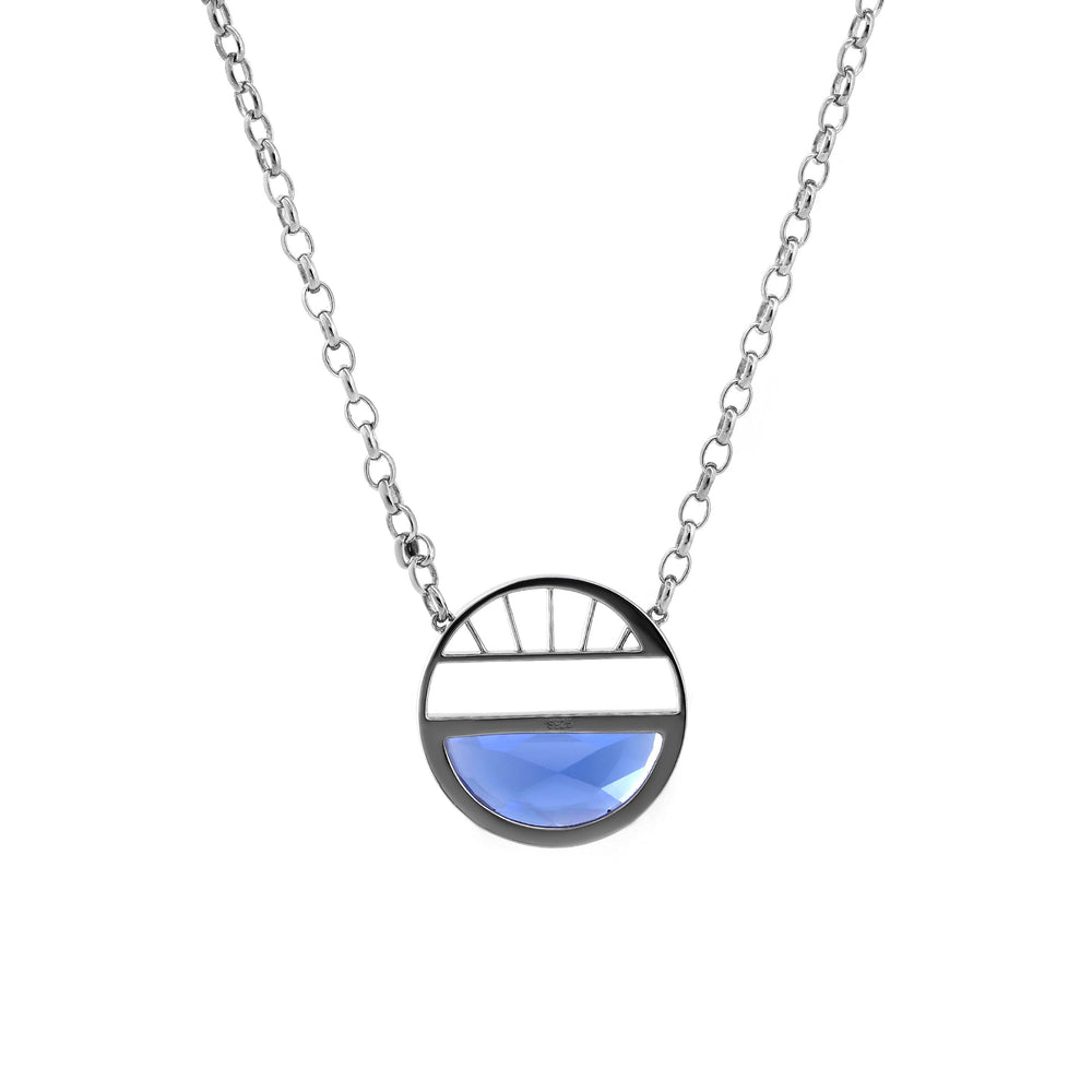 Half - Moon Crown Flower Blue Lab Sapphire Pendant Necklace - FIORESE JEWELRY