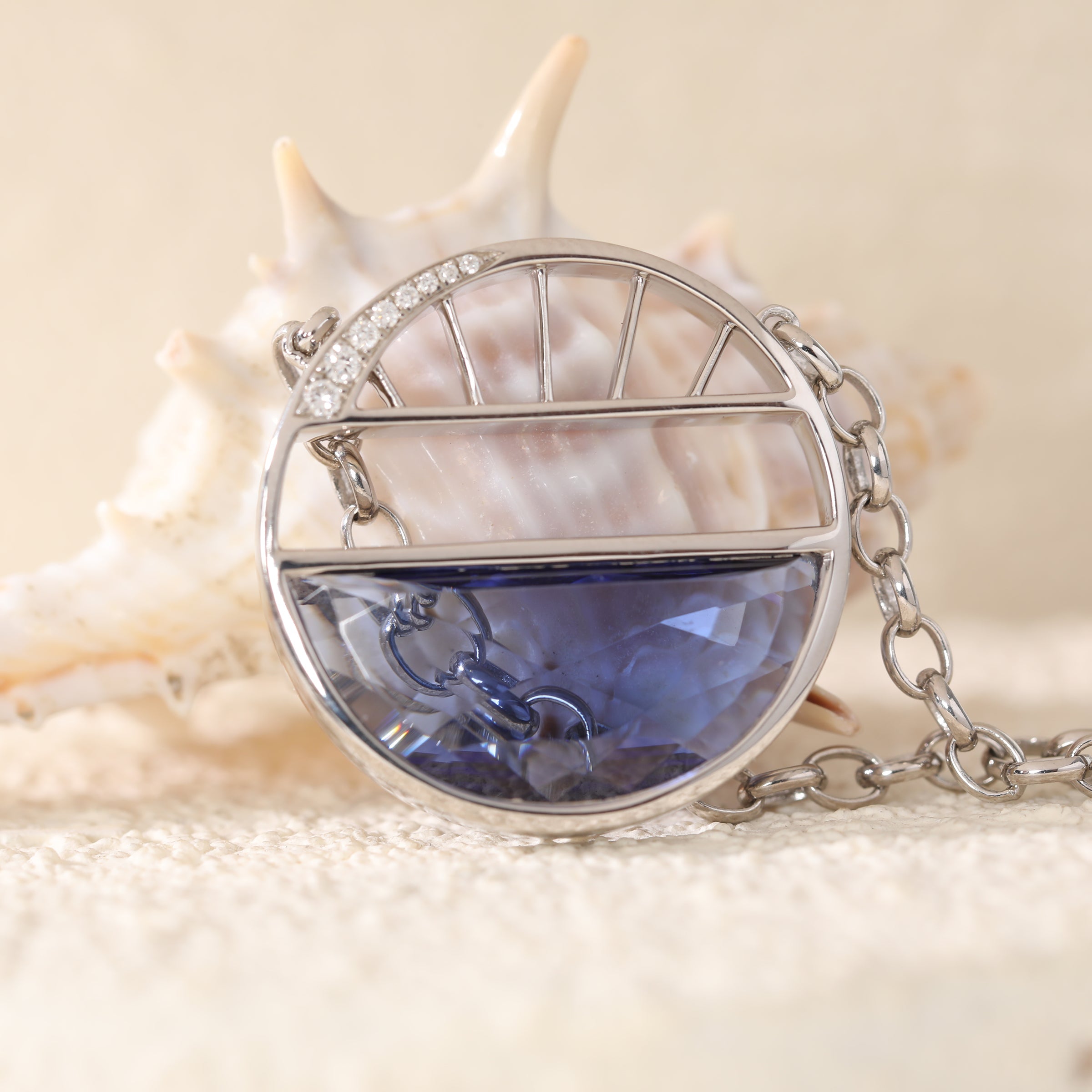 Half-Moon Shape Crown Flower Blue Lab Sapphire Pendant Necklace