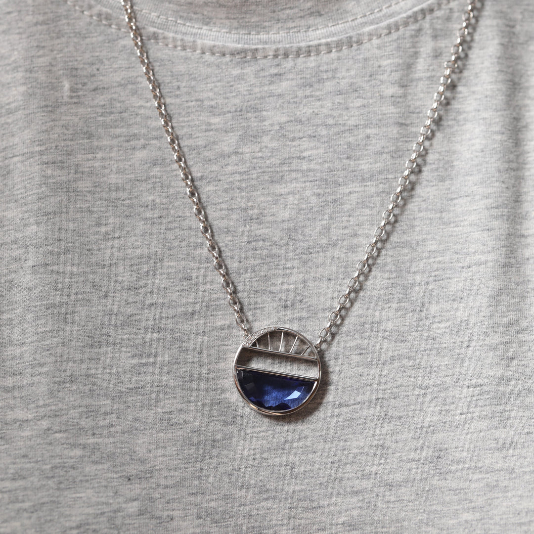 Half - Moon Crown Flower Blue Lab Sapphire Pendant Necklace - FIORESE JEWELRY