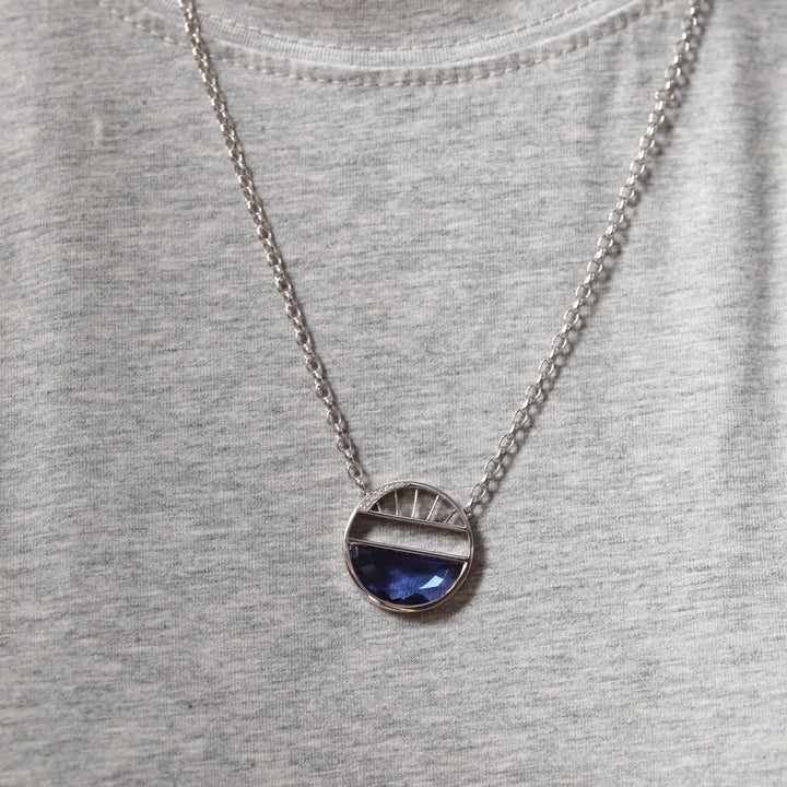 Half - Moon Crown Flower Blue Lab Sapphire Pendant Necklace - FIORESE JEWELRY