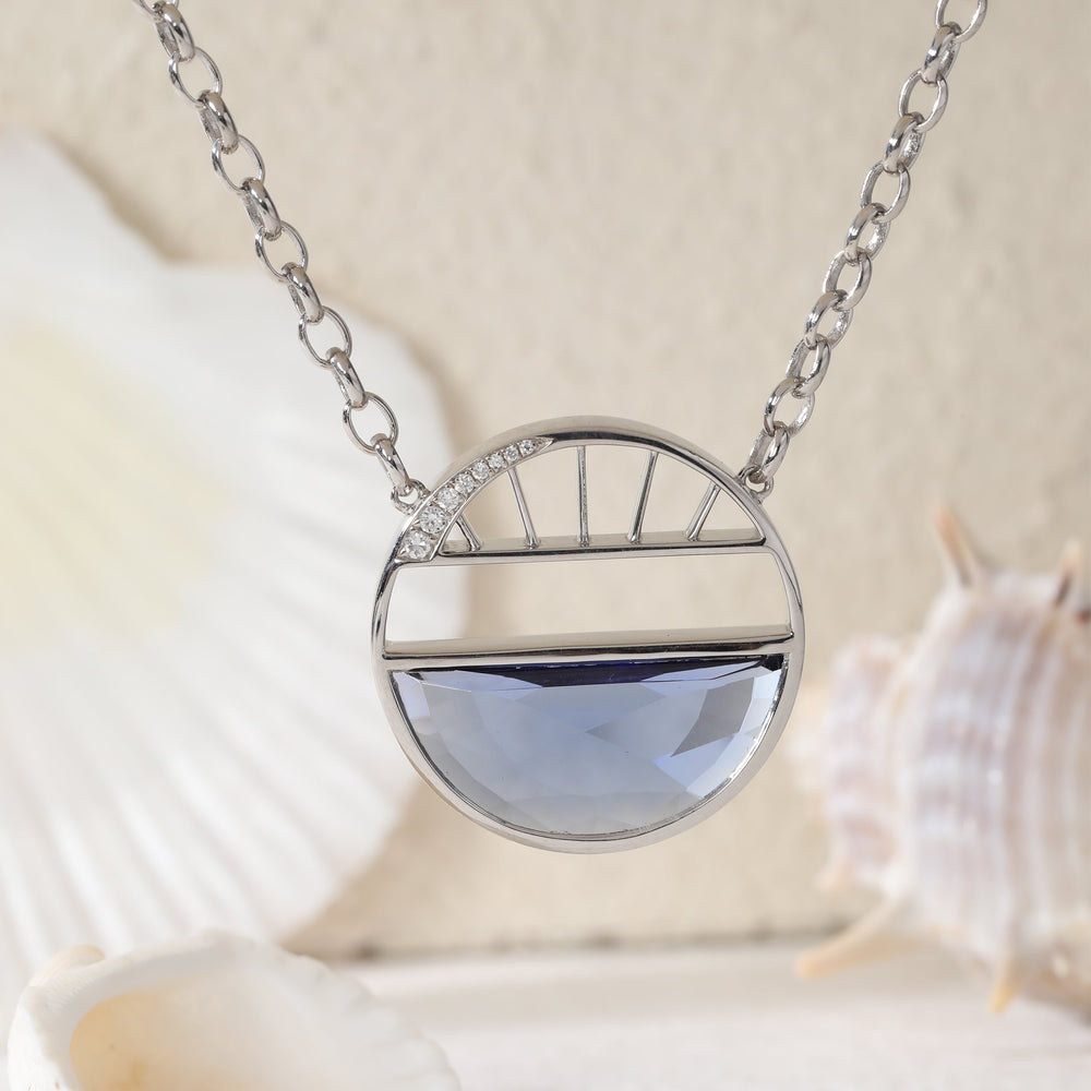 Half - Moon Crown Flower Blue Lab Sapphire Pendant Necklace - FIORESE JEWELRY