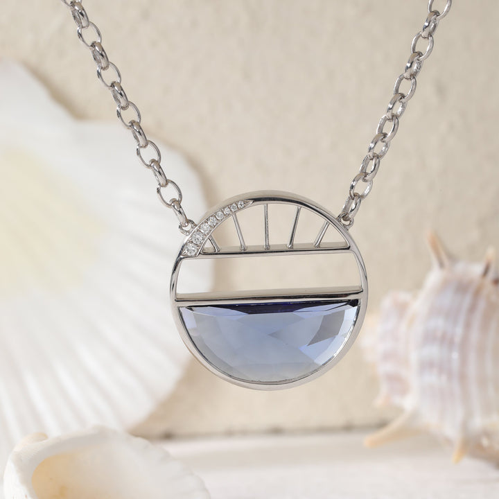 Half - Moon Crown Flower Blue Lab Sapphire Pendant Necklace - FIORESE JEWELRY