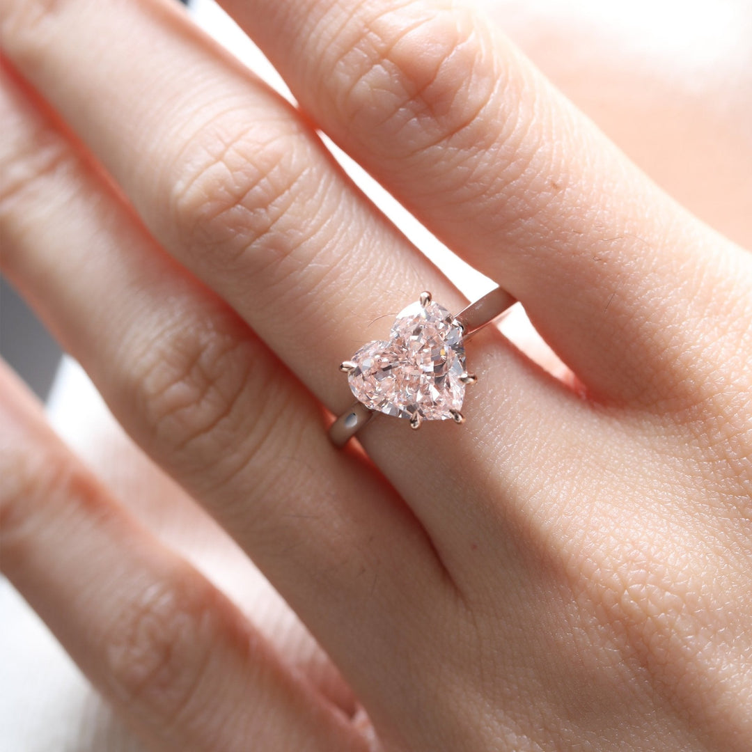 Heart - Shaped Pink Lab Diamond 4 Claw Prongs Basket Setting Solitaire Ring - FIORESE JEWELRY