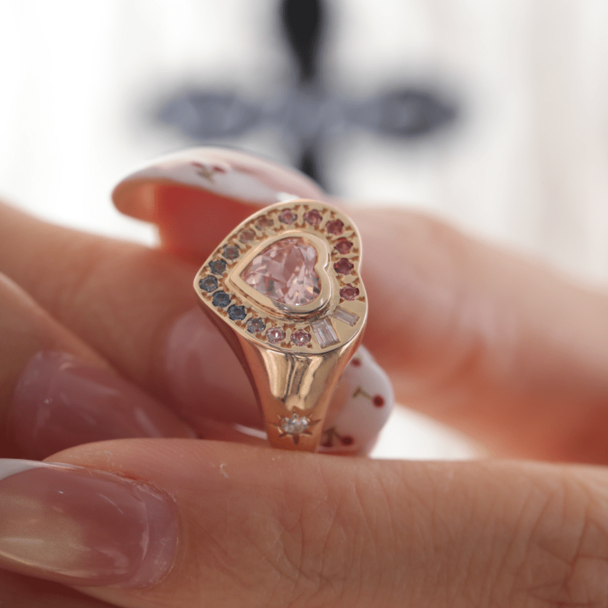 Heart-Shaped Sakura Pink Lab Sapphire Bezel Ring with Rainbow Halo - FIORESE JEWELRY