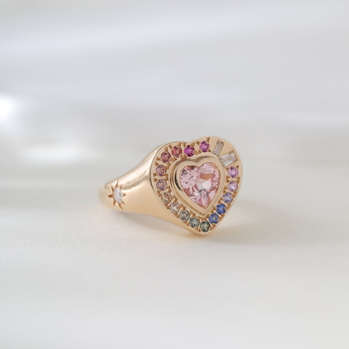 Heart-Shaped Sakura Pink Lab Sapphire Bezel Ring with Rainbow Halo - FIORESE JEWELRY