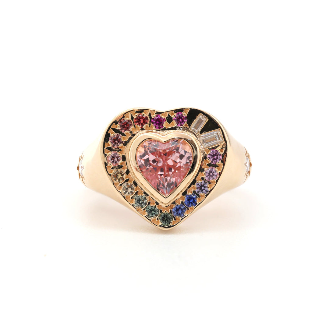 Heart-Shaped Sakura Pink Lab Sapphire Bezel Ring with Rainbow Halo - FIORESE JEWELRY