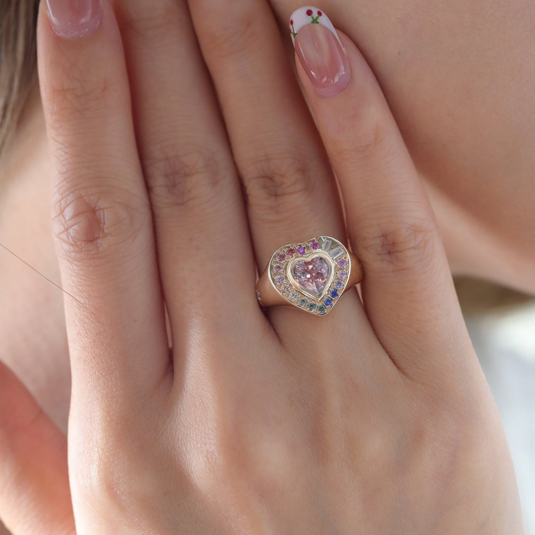 Heart-Shaped Sakura Pink Lab Sapphire Bezel Ring with Rainbow Halo - FIORESE JEWELRY