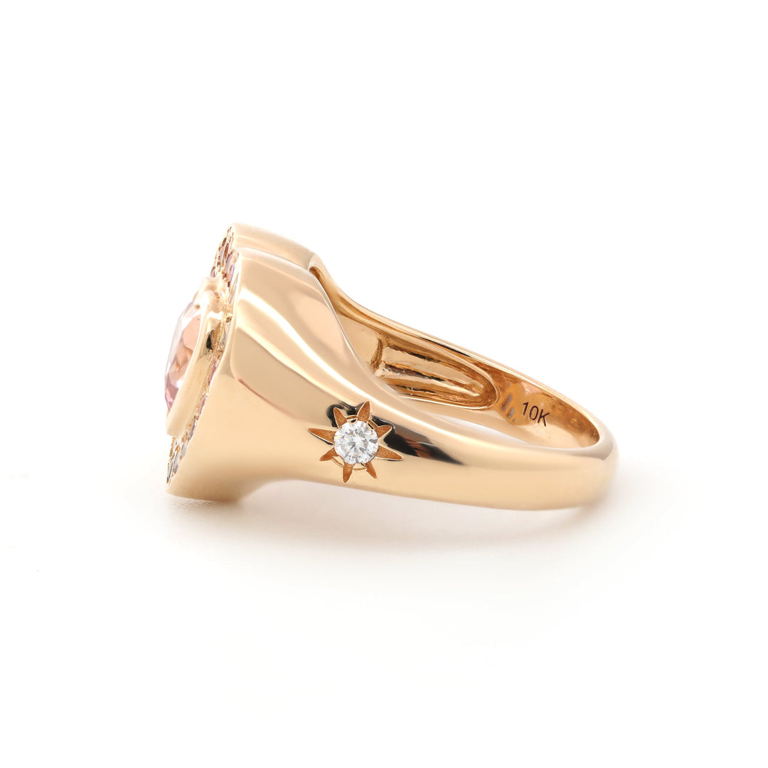 Heart-Shaped Sakura Pink Lab Sapphire Bezel Ring with Rainbow Halo - FIORESE JEWELRY