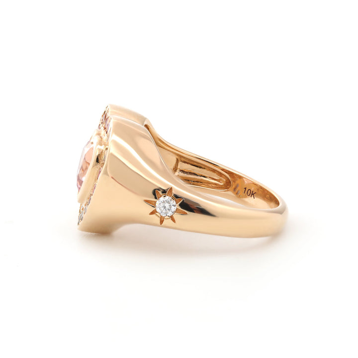 Heart-Shaped Sakura Pink Lab Sapphire Bezel Ring with Rainbow Halo - FIORESE JEWELRY